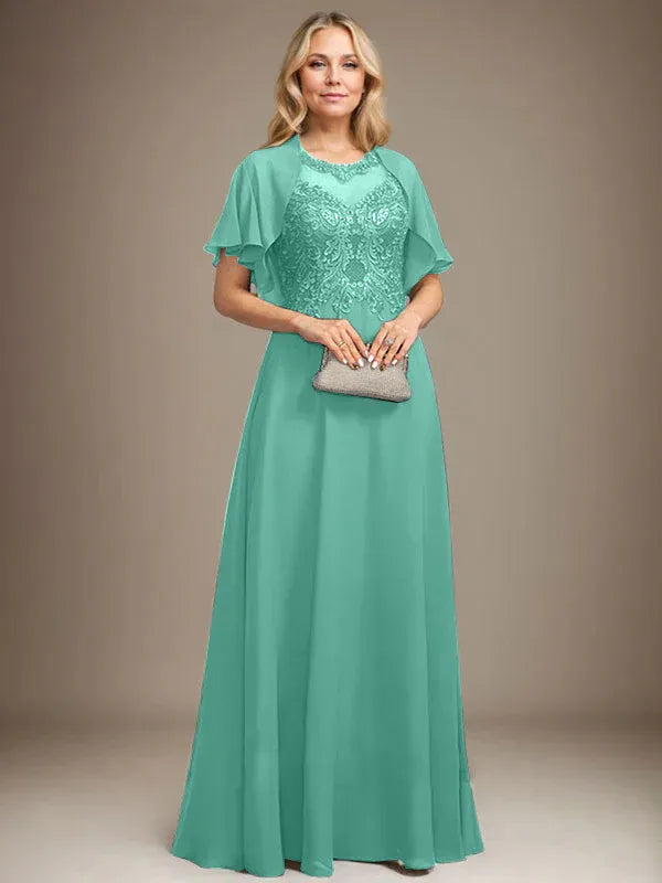 A-line Scoop Illusion Floor-Length Lace Chiffon Mother of the Bride Dress With Sequins