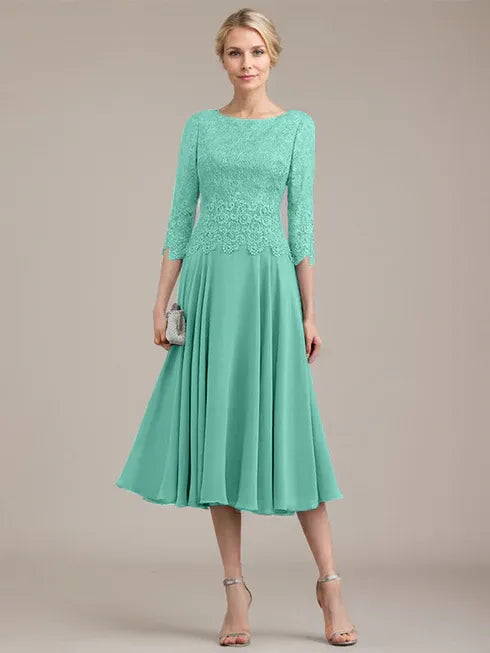 A-line Scoop Tea-Length Lace Chiffon Mother of the Bride Dress