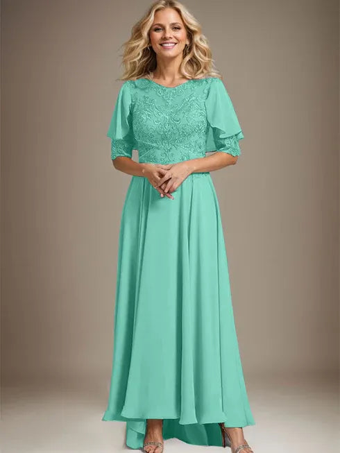 A-line Scoop Illusion Asymmetrical Chiffon Lace Mother of the Bride Dress With Beading