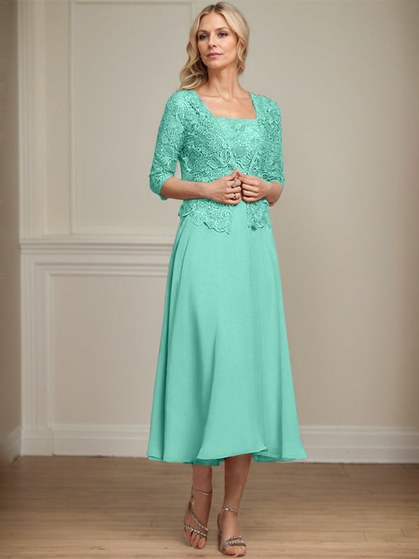 A-line Square Tea-Length Chiffon Lace Mother of the Bride Dress With Sequins Beading