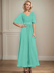 A-line V-Neck Ankle-Length Chiffon Mother of the Bride Dress With Pleated Beading Sequins