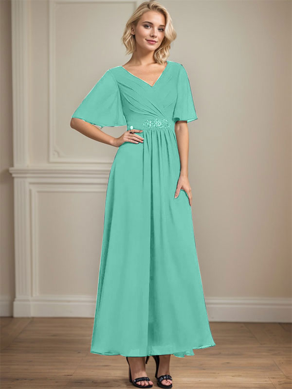 A-line V-Neck Ankle-Length Chiffon Mother of the Bride Dress With Pleated Beading Sequins