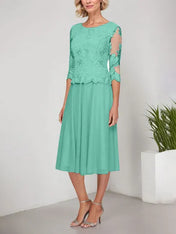 A-line Scoop Tea-Length Lace Chiffon Mother of the Bride Dress With Embroidery