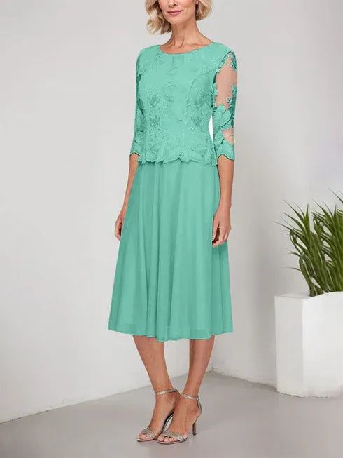 A-line Scoop Tea-Length Lace Chiffon Mother of the Bride Dress With Embroidery