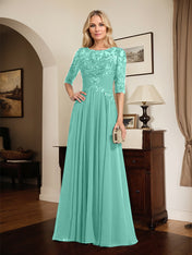 A-line Scoop Illusion Floor-Length Chiffon Lace Mother of the Bride Dress With Pleated Sequins
