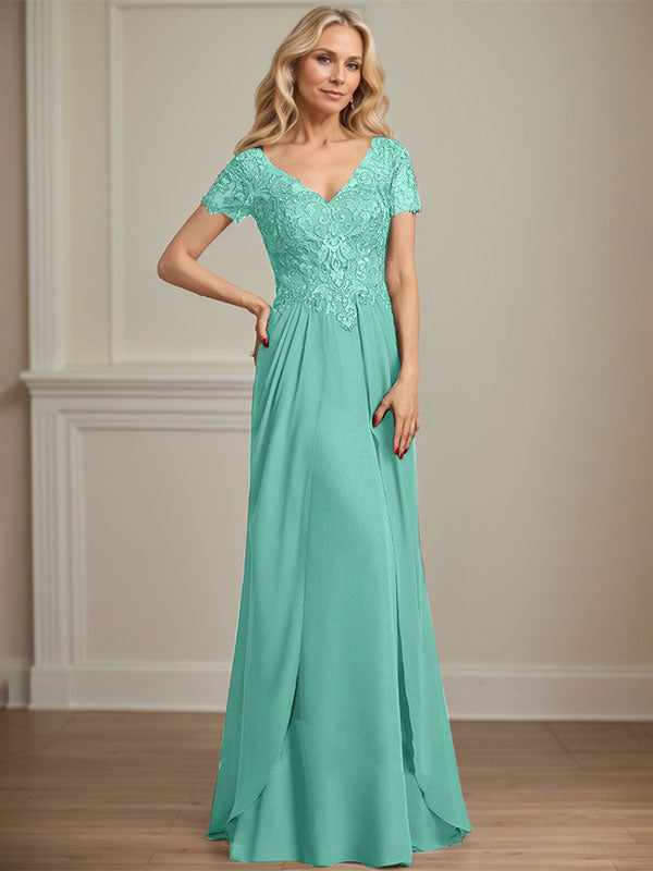A-line V-Neck Floor-Length Chiffon Lace Mother of the Bride Dress