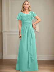 A-line Asymmetrical Illusion Floor-Length Lace Chiffon Mother of the Bride Dress With Cascading Ruffles Sequins