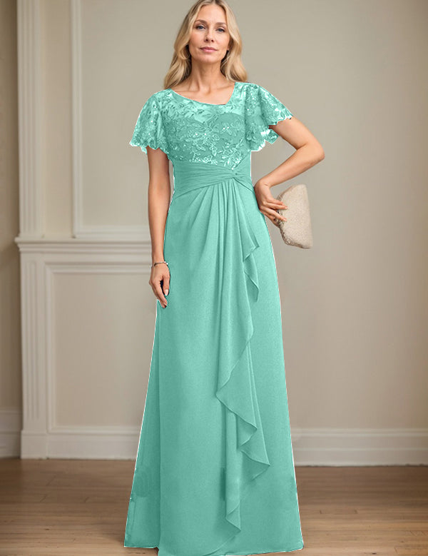 A-line Asymmetrical Illusion Floor-Length Lace Chiffon Mother of the Bride Dress With Cascading Ruffles Sequins