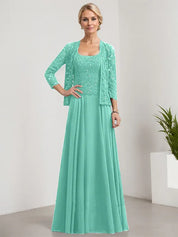 Robe de mère de la mariée trapèze carrée, longueur au sol, en mousseline de soie et dentelle, avec paillettes 