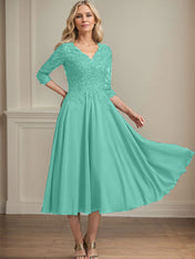 A-line V-Neck Tea-Length Chiffon Lace Mother of the Bride Dress With Beading Sequins