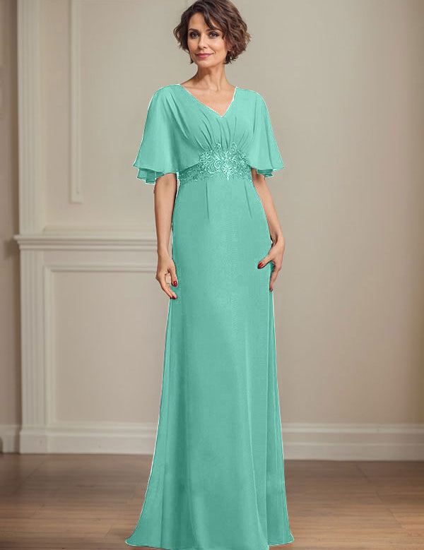 A-line V-Neck Floor-Length Chiffon Mother of the Bride Dress With Pleated Sequins Appliques Lace