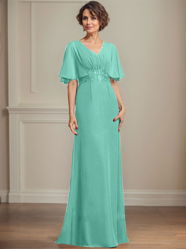 A-line V-Neck Floor-Length Chiffon Mother of the Bride Dress With Pleated Sequins Appliques Lace