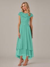 A-line Boat Neck Illusion Asymmetrical Chiffon Lace Mother of the Bride Dress With Applique Pleats