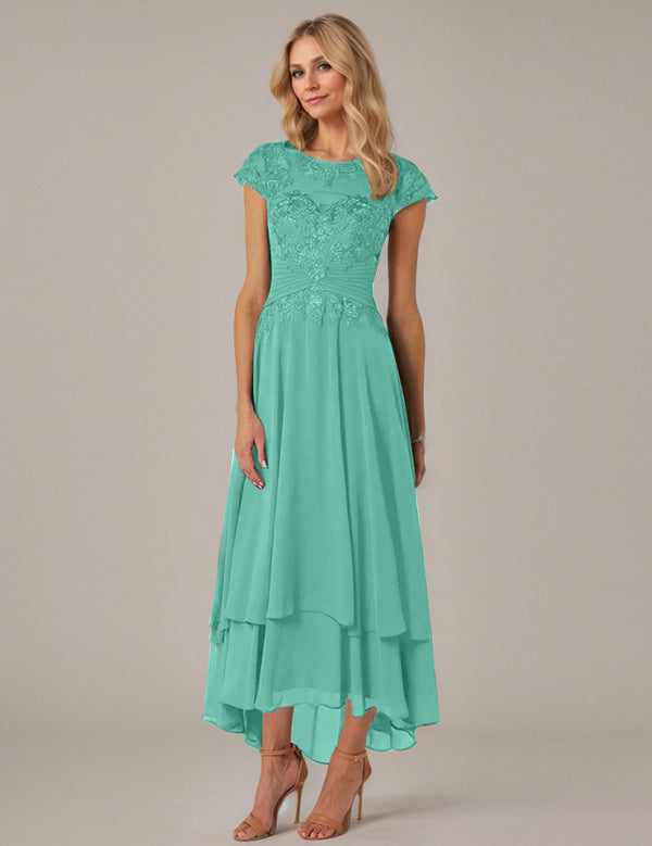 A-line Boat Neck Illusion Asymmetrical Chiffon Lace Mother of the Bride Dress With Applique Pleats