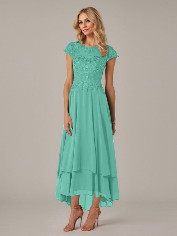 A-line Boat Neck Illusion Asymmetrical Chiffon Lace Mother of the Bride Dress With Applique Pleats