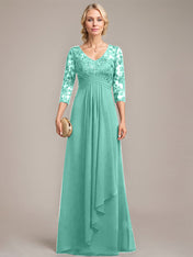 A-line V-Neck Floor-Length Lace Chiffon Mother of the Bride Dress With Cascading Ruffles Sequins