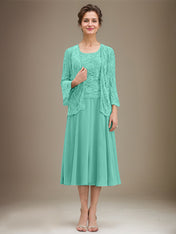 A-line Scoop Tea-Length Lace Chiffon Mother of the Bride Dress With Sequins