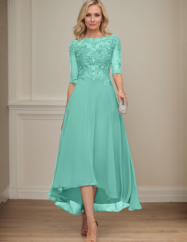 A-line Boat Neck Illusion Asymmetrical Chiffon Lace Mother of the Bride Dress With Sequins Beading