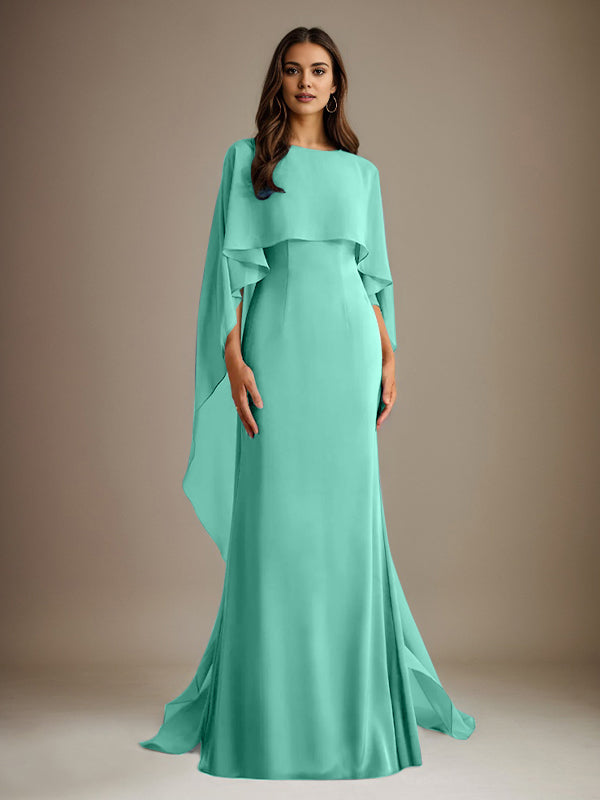 Robe de mère de la mariée en mousseline, coupe fourreau/colonne, col bateau, longueur ras du sol, avec volants en cascade 