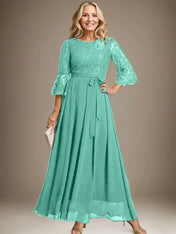 A-line Scoop Ankle-Length Lace Chiffon Mother of the Bride Dress With Bow