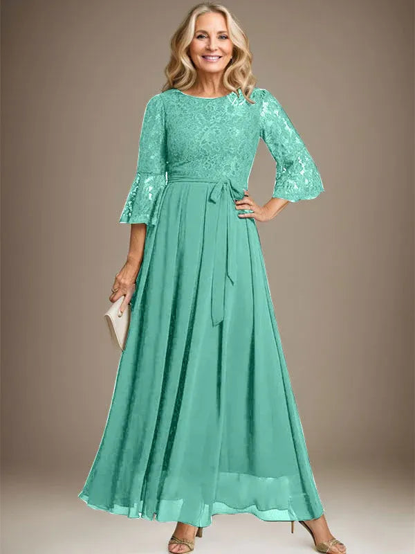 A-line Scoop Ankle-Length Lace Chiffon Mother of the Bride Dress With Bow