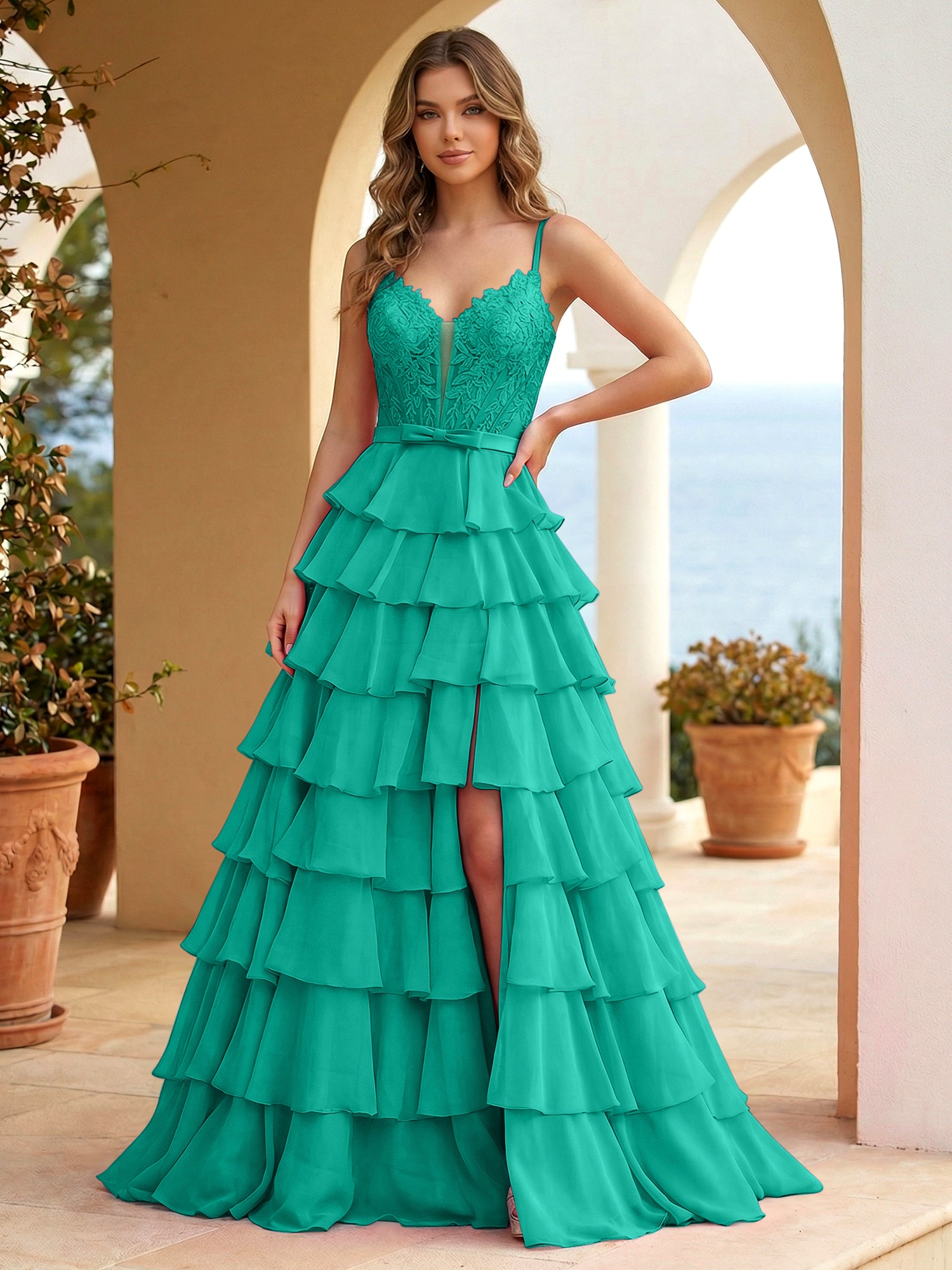 Pink Lace Corset Tiered Ruffle Long Prom Dress