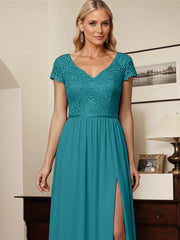 Jade A-Line V-Neck Chiffon Appliques Mother Of The Bride Dress With Slit