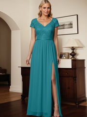 Jade A-Line V-Neck Chiffon Appliques Mother Of The Bride Dress With Slit