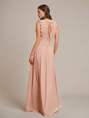 Dusty Rose A Line Chiffon V Neck Sleeveless Floor-Length Bridesmaid Dresses With Ruffles