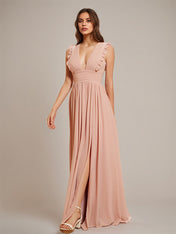 Dusty Rose A Line Chiffon V Neck Sleeveless Floor-Length Bridesmaid Dresses With Ruffles
