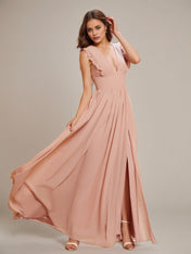 Dusty Rose A Line Chiffon V Neck Sleeveless Floor-Length Bridesmaid Dresses With Ruffles