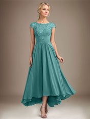 A-line Scoop Illusion Asymmetrical Lace Chiffon Mother of the Bride Dress With Pleated