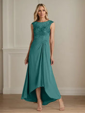 Champagne A-Line Scoop Lace Chiffon Dress