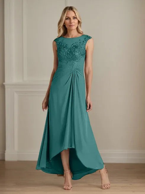 Champagne A-Line Scoop Lace Chiffon Dress