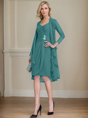 Sheath/Column Sweetheart Knee-Length Chiffon Mother of the Bride Dress With Beading Appliques Lace Sequins Pleated