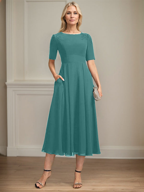 A-line Scoop Tea-Length Chiffon Mother of the Bride Dress With Appliques Lace Sequins