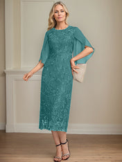 Sheath/Column Scoop Tea-Length Lace Chiffon Mother of the Bride Dress
