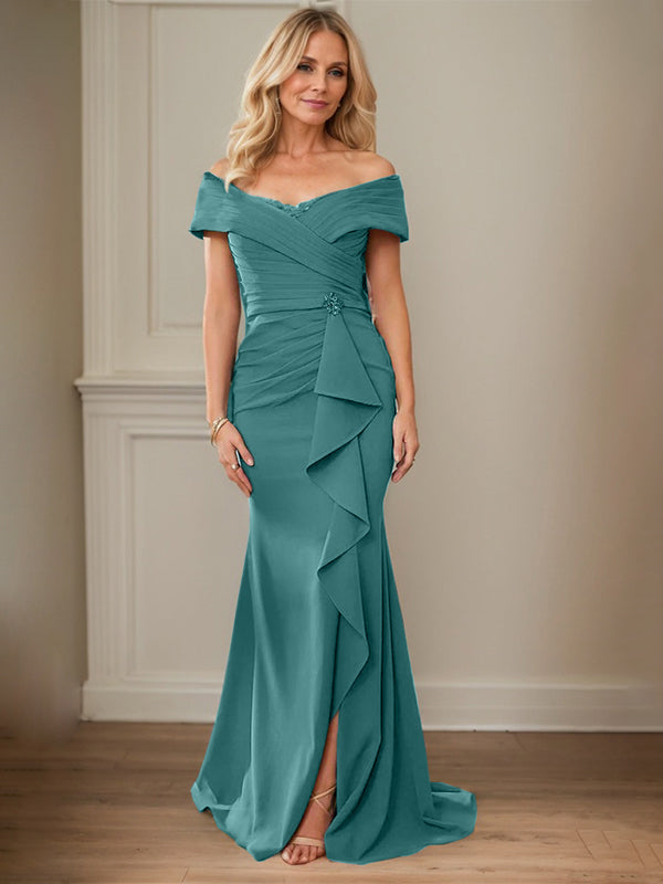 Sheath/Column Off-the-Shoulder Sleeveless Floor-Length Mother of the Bride Dresses With Ruffles