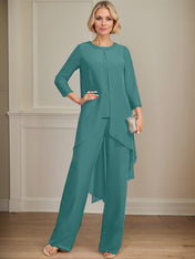 Separates Jumpsuit/Pantsuit Scoop Floor-Length Chiffon Mother of the Bride Dress With Sequins Beading
