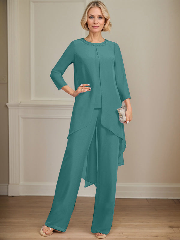 Separates Jumpsuit/Pantsuit Scoop Floor-Length Chiffon Mother of the Bride Dress With Sequins Beading