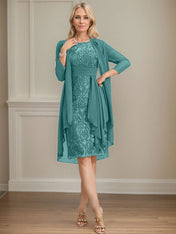 Sheath/Column Scoop Illusion Knee-Length Lace Chiffon Mother of the Bride Dress With Cascading Ruffles Sequins