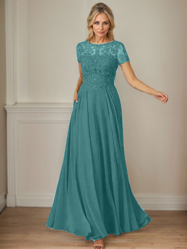 Dark Navy A-Line Boatneck Sequins Chiffon Dress