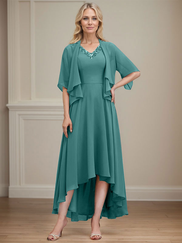 A-line V-Neck Asymmetrical Chiffon Mother of the Bride Dress With Beading Sequins