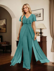 Jumpsuit/Pantsuit V-Neck Floor-Length Chiffon Evening Dress