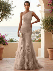 Sweetheart Tulle Pleat One Shoulder Mermaid Evening Dresses Gown with 3D Flower