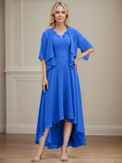 A-line V-Neck Asymmetrical Chiffon Mother of the Bride Dress With Beading Sequins