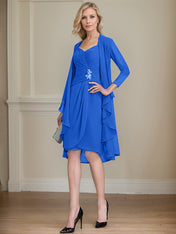 Sheath/Column Sweetheart Knee-Length Chiffon Mother of the Bride Dress With Beading Appliques Lace Sequins Pleated