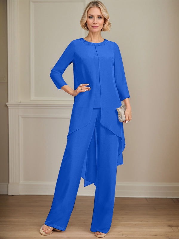 Separates Jumpsuit/Pantsuit Scoop Floor-Length Chiffon Mother of the Bride Dress With Sequins Beading