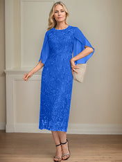 Sheath/Column Scoop Tea-Length Lace Chiffon Mother of the Bride Dress