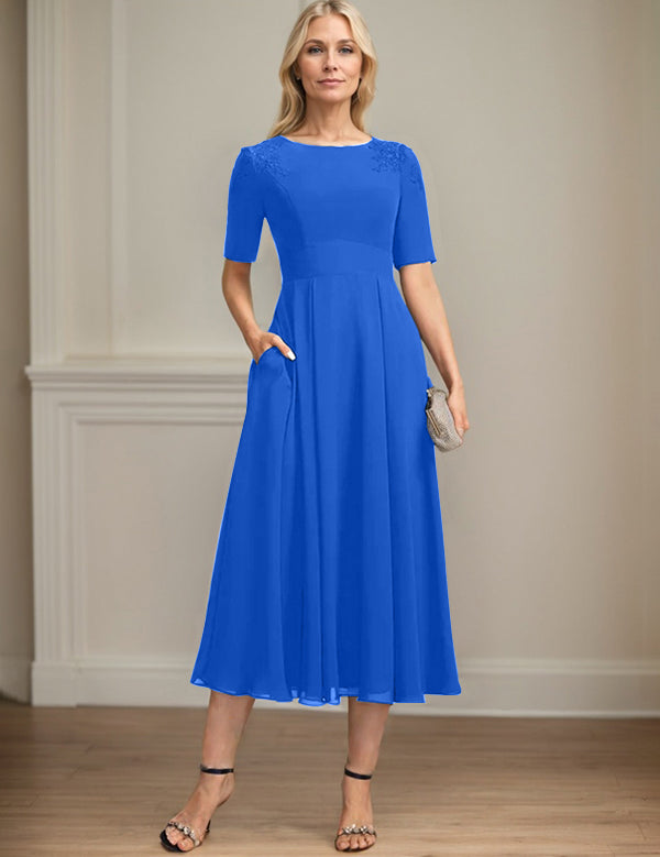 A-line Scoop Tea-Length Chiffon Mother of the Bride Dress With Appliques Lace Sequins